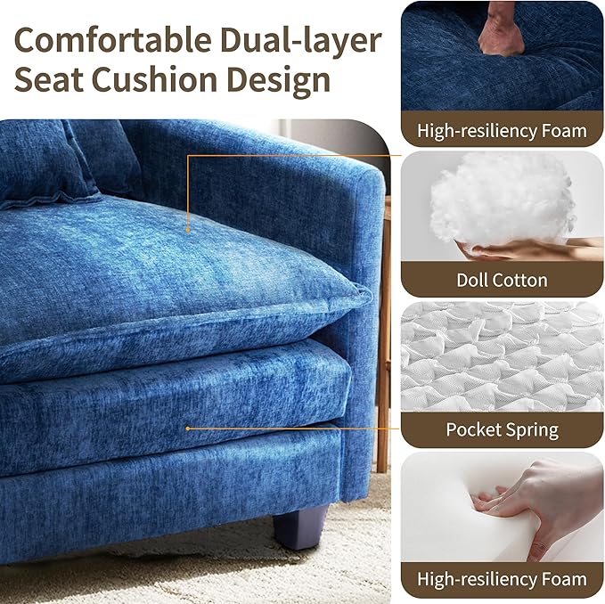 SweetGO corporation 40" Chenille Lounge Chair for Reading, Modern Couch Cozy Sofa Bed, Upholstered Living Room Single Sofa Accent Chair with Ottoman Set of 2, Blue