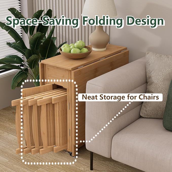 Bamboo Folding Dining Table Set for 4, Extendable Drop Leaf Foldable Table with Lockable Wheels & Storage for Small Spaces Kitchen Dining Room, Collapsible Dinette Expandable Rectangle (Wood)