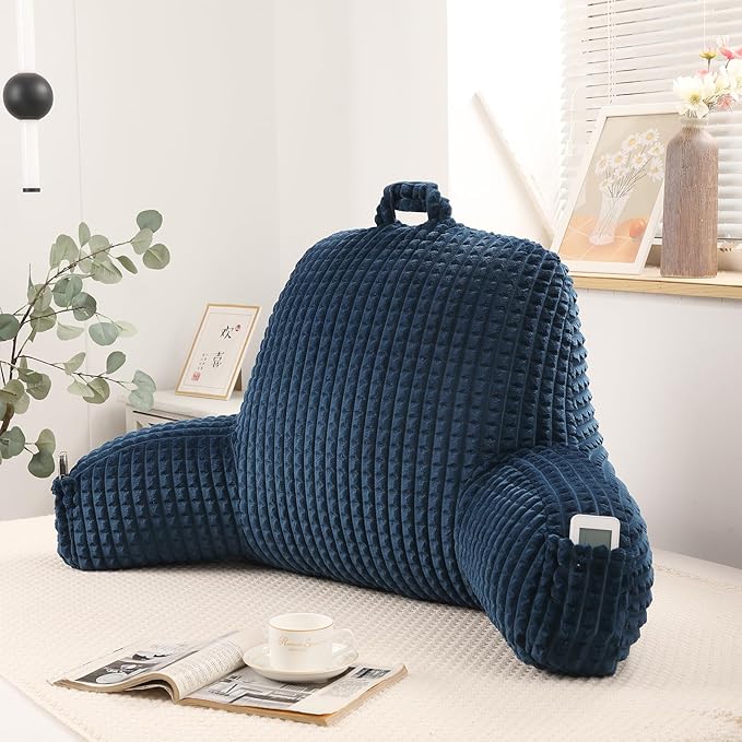 PAJEO Reading Pillow for Sitting in Bed, Large Backrest Reading Pillow with Arm Rest,Back-Rest Support Cushion for Sit Up on Couch, Sofa, and Floor (Dark Blue Flannel, Standard(17inch))