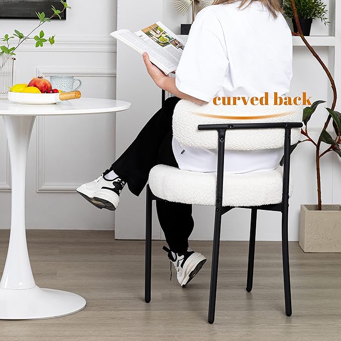 DYHOME White Dining Chair One Chair for Kitchen Dining Room,Upholstered Boucle Dining Chair with Black Metal Legs, Curved Backrest Modern Dining Room Chair