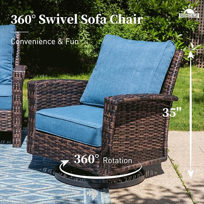SUNSHINE VALLEY Patio Wicker Swivel Chairs Set of 2, Outdoor High Back Chairs with 5.5" Waterproof Cushions, Outdoor Furniture Set for Deck Porch and Yard, Peacock Blue