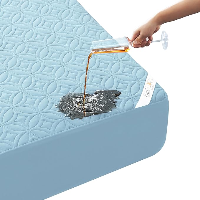 BEDLORE Waterproof Mattress Protector, Cal King Size Mattress Pad with Deep Pocket 6"-20" Depth, Soft Dirt-Proof Double Bed Mattress Cover for Bedroom, College Dorm, Hotel (Sky Blue)