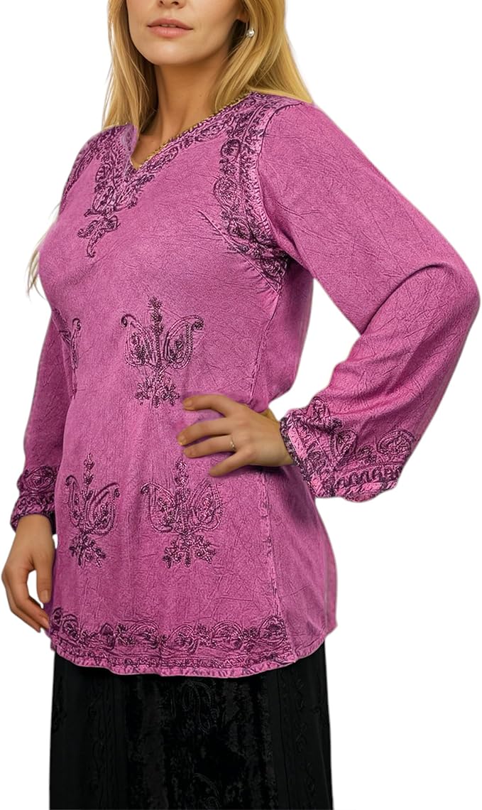 Agan Traders 2025 Winter Long Sleeve Diamond Neck Embroidered Tops - Medieval Boho Vintage Tunic Kurta Blouses for Women