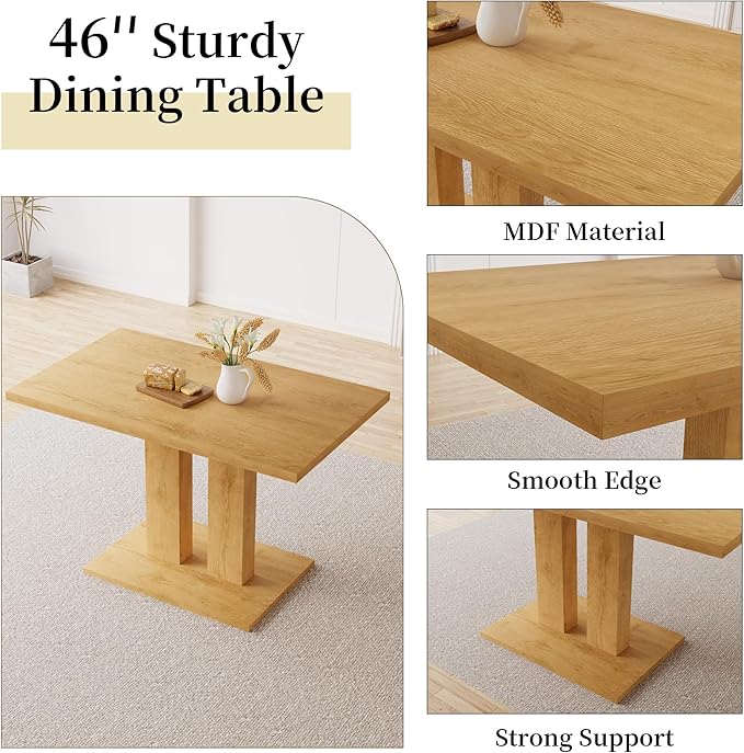 Dining Table Set for 4-6 People, 46 Inch Modern MDF Oak Kitchen Table with 4 Fabric Dining Chairs, Rectangular Dining Room Table Set for Home, Small Spaces, Breakfast Nook (Oak Table + 4 Beige Chairs)