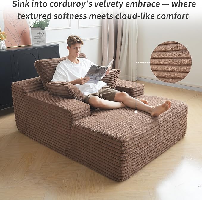 WJShome Oversized Chaise Lounge Chair Indoor, Plush Corduroy Boneless Sofa Bed, Cloud Reading Chair with Throw Pillow for Living Room (Brown)