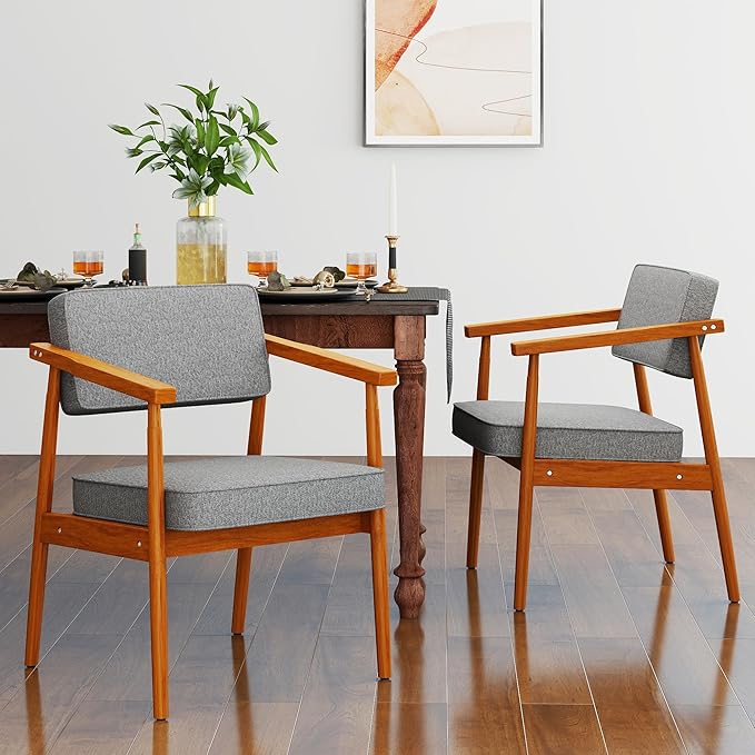 LSSPAID Mid Century Dining Chairs Set of 2, Grey Fabric Upholstered with Walnut Finished Handrails Comfy Backrest, Farmhouse Dining Room Chairs for Kitchen, Living Space & Restaurant