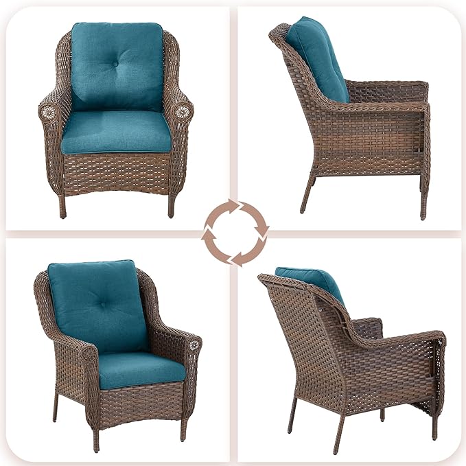 ACTREST Patio Wicker Chairs Outdoor Furniture Chair - Set of 2 Outside All Weather Lawn Dining Brown Rattan Armchair with High Back&Deep Seating for Deck Porch Balcony Backyard Garden - Peacock Blue