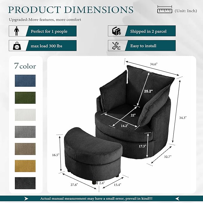 Chorlenimi Swivel Accent Chair Round Barrel Armchair Upholstered Living Room Chair Corduroy Reading Chair Single Sofa Chair for Bedroom Apartment Office (Black, Upgrade 1Seater+ Ottoman)