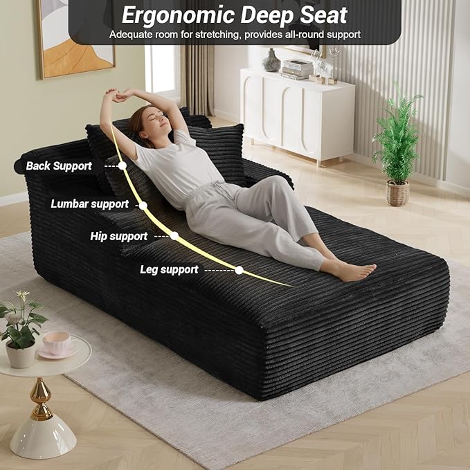50"W x 76"D Oversized Chaise Lounge Chair Indoor Boneless Reading Chair Plush Corduroy Recliner Large Deep Seat Upholstered Sleeper Comfy Sofa Bed Couch with 3 Pillows for Living Room Bedroom, Black