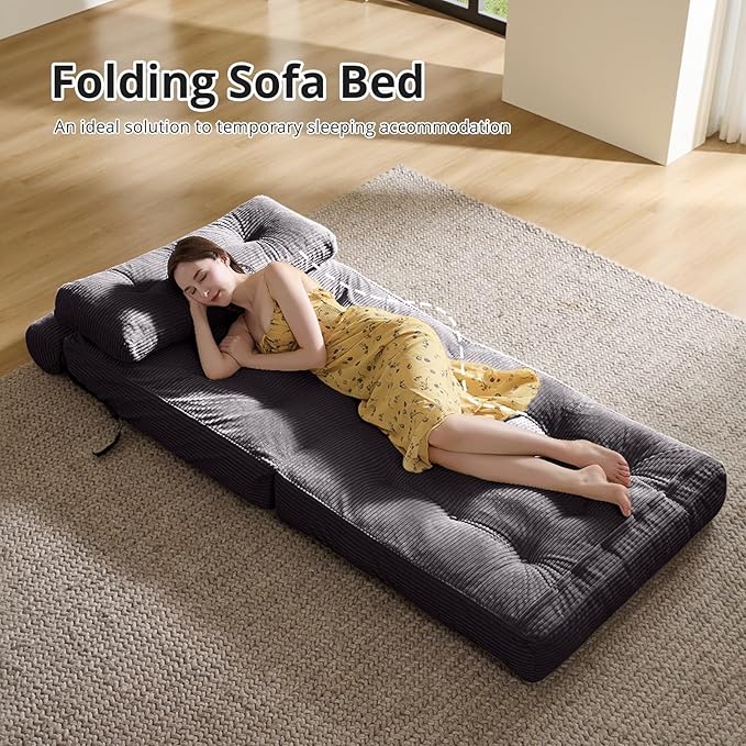 Convertible Sofa Bed & Couch Bed - Oversized Adult Sleeper Chair & Bean Bag Chair, Foldable Floor Bed with Backrest, Comfortable Lazy Sofa for Bedroom, Living Room & Dorm (Dark Gray, Single)
