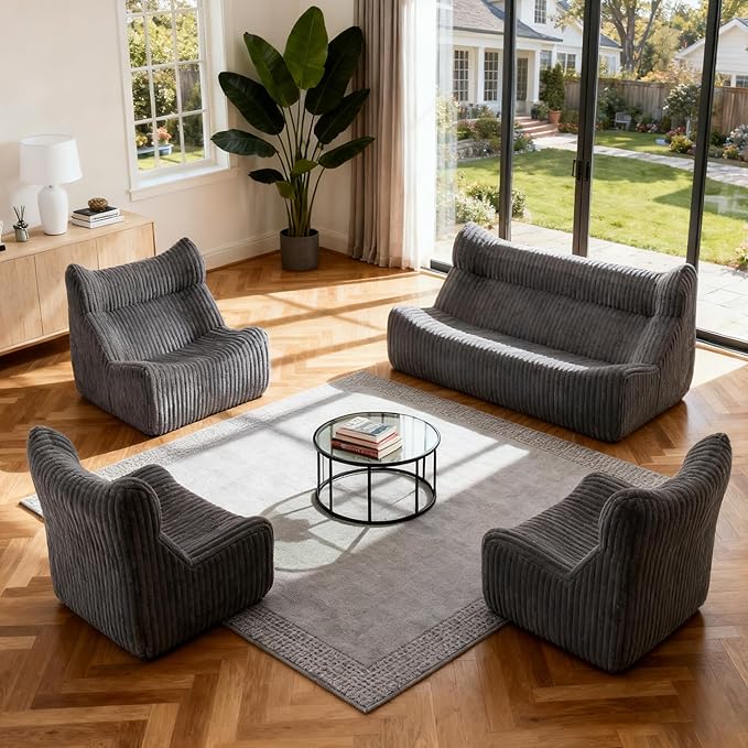 Bean Bag Chairs, Giant Bean Bag Chair for Adults, Memory Foam Lounge Chair, Comfy Lazy Floor Chair, Bean Bag Sofa for Living Room, Bedroom and Office, Single Bean Bag (Grey)