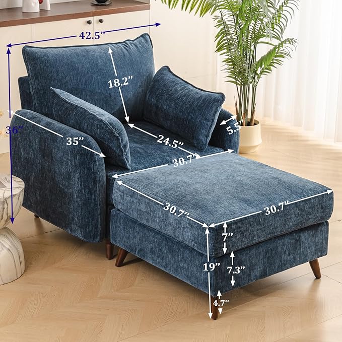 Oversized Accent Chair with Ottoman,All Seats Storage,Comfy Big Armchair,24.5'' Deep Seat,Upholstered Living Room Chairs,Reading Chair,Lounge Chair for Bedroom,Office,Chenille,Blue