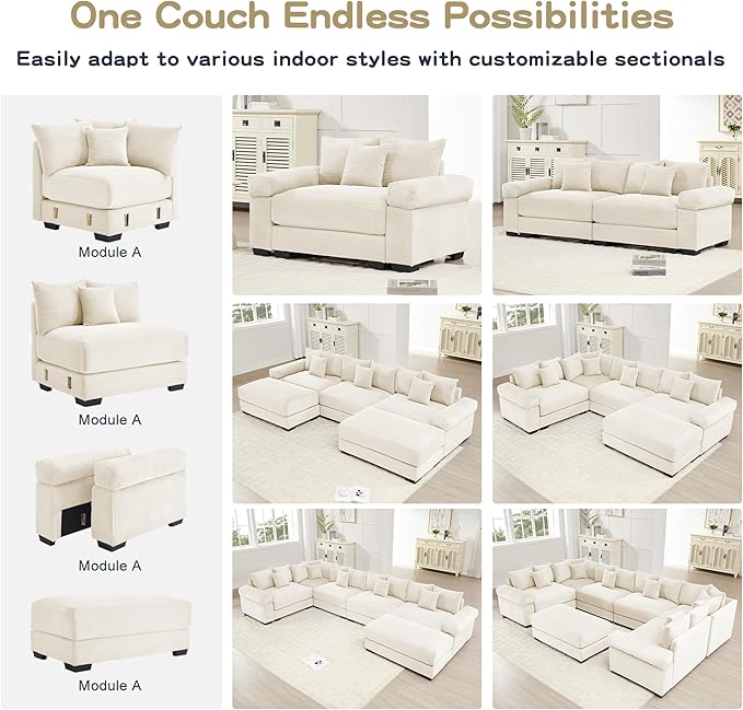 KEIKI 146" U-Shaped Oversized Corduroy Modular Cloud Sectional Sofa with 1 Ottoman, High-Density Foam Cushion, Extra-Thick Armrest, 5-Seater Fluffy Corner Couch with 18 Pillow, for Living Room, Beige