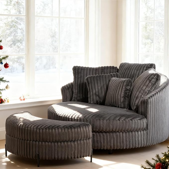 Chifee & Vingol 59.8" W Oversized Accent Round Chair Large Barrel Chair with Ottoman & Movable Wheels & 5 Pillows, Faux Fur Fabric - Charcoal