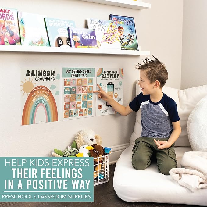 Hadley Designs 9 Calming Corner Posters For Classroom Must Haves For Teachers -11x14 Calm Down Corner Supplies, Feelings Chart For Kids Ages 4-8, Feelings Wheel Poster, Retro Classroom Decor