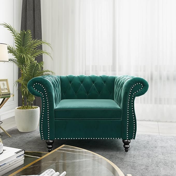 QHITTY Accent Chair, Chesterfield Chair Modern Velvet Upholstered Chair with Tufted Back for Living Room Furniture (Green)