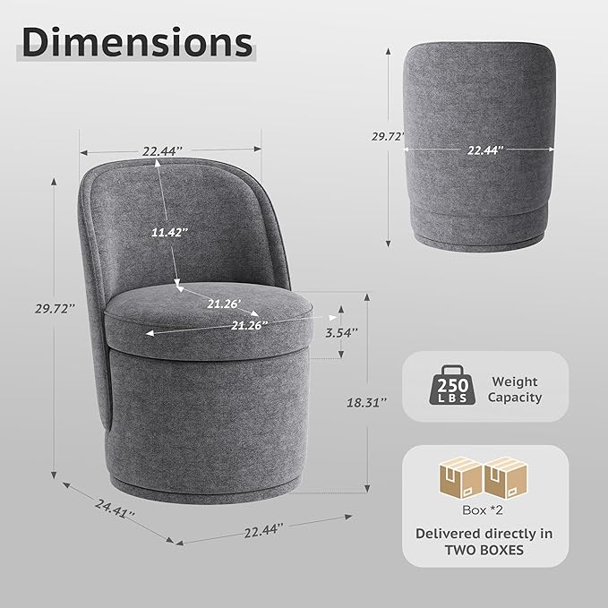 MALOL Swivel Accent Chair Set of 2, 360° Swivel Round Chair with Hidden Storage, Vanity Chairs, Modern Small Barrel Armchair for Living Room/Bedroom, Darkgrey