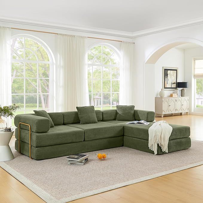 108" Convertible Sleeper Sofa Bed, Corduroy Folding Sofa Bed with Fixed-Shape Frame, Fold Out Floor Mattress Couch, Lazy Compression Sofas for Living Room, Bedroom, No Assembly Required,Green