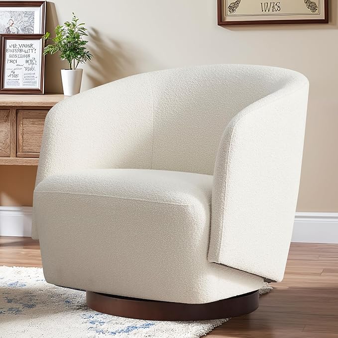 Boucle Swivel Accent Chair, No Assembly Upholstered Armchair with Rubberwood Base, 360° Rotating Barrel Chair for Living Room, Bedroom, Apartment & Reading Nook (1, Beige)