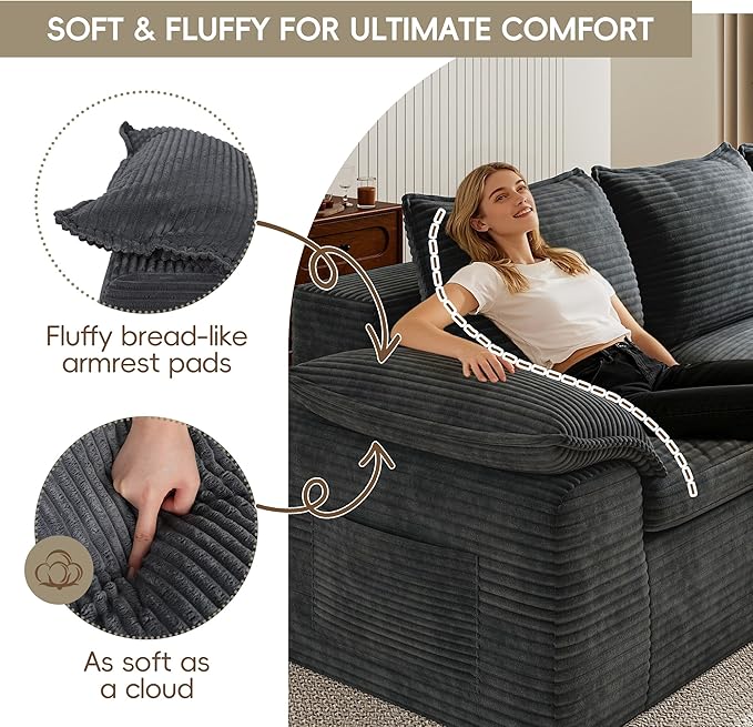 Buytime 76” Comfy Cloud Loveseat Sofa, Convertible Boneless Loveseats for Living Room, Wide 2-Seat Modern Modular Sectional Sofa with Deep Seat, Double-Layer Cloud Cushion and Headrest, Pebble Grey
