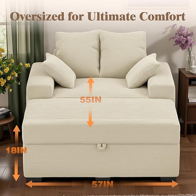 Indoor Chaise Lounge Chair with Storage Ottoman, Modern 60-Inch Lounge Sofa Chair with Wide Armrests & 4 Pillows, Oversized Comfy Reading Lounger for Living Room, Bedroom（Medium-Rib Corduroy Beige）