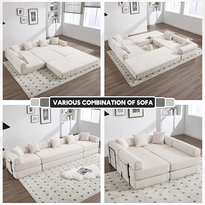 L Shape Convertible Sofa Bed with Cylindrical Pillow and Storage Pocket, Convertible Sofa Couch Bed with Support Frame for Living Room Bedroom Children Room-Beige