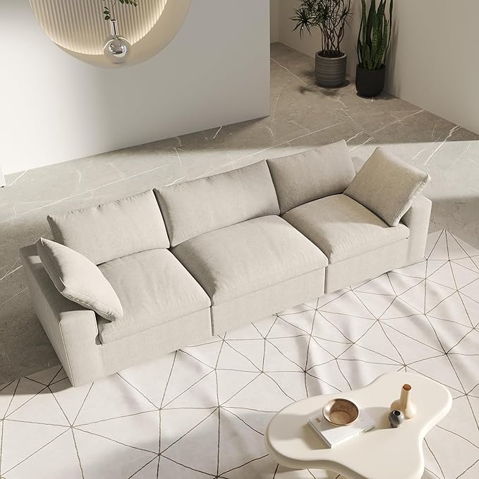 3 Seater Cloud Sectional Couch, Khaki Modular Sectional Sofa, Modern Comfy Sofa, Covers Removable, Convertible Sleeper Couch for Living Room Apartment (Linen Fabric)