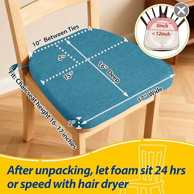 AAAAAcessories D-Shaped Chair Cushions, 2" Thick Dining Chair Pads with Ties and Removable, Machine-Washable Cover, 17" x 16", Set of 2, Teal