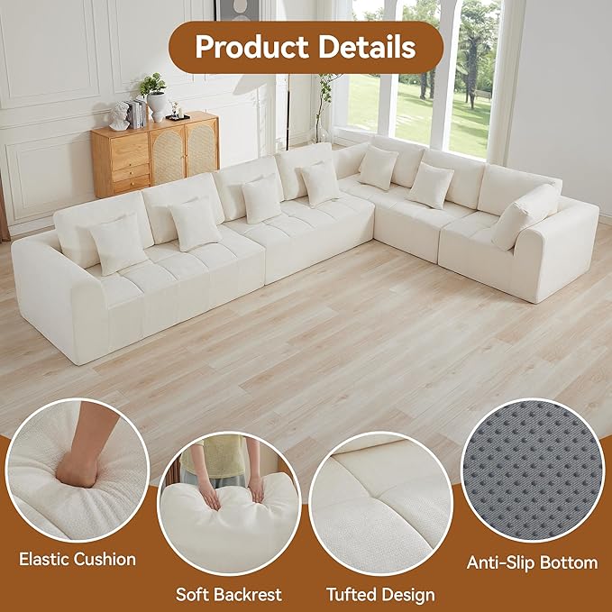 170'' Boneless Modular Couches for Living Room, Compressed Cloud Sectional Modern Sofa, L Shaped 7 Seater Upholstered Memory Foam Oversized Sofa, No Assembly, Chenille Beige