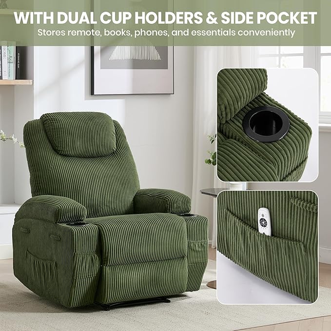 Massage Recliner Chair with Heat - Ultra-Comfortable Reclining (135° Adjustable), Dual Cup Holders & Side Storage Pockets, Easy Tool Assembly, Dark Green