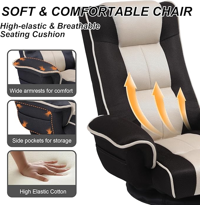 Linen Fabric Ergonomic Gaming Chair, 6-Position Reclining Sofa Bed with Lumbar Support, Foldable Floor Lounger with Thick Cushion, Armrests & Side Pockets for Esports, Reading, Napping (Brown + Beige)