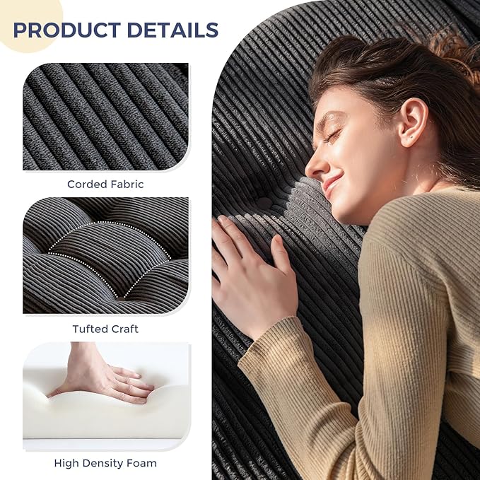 MAXYOYO Tri-Fold Mattress, 6 Inch Tufted Folding Futon Foam Bed, Foldable Floor Mattress Guest Bed Futon Topper Portable Camping Sleeping with Corded Fabric, Dark Grey, 59"x79"