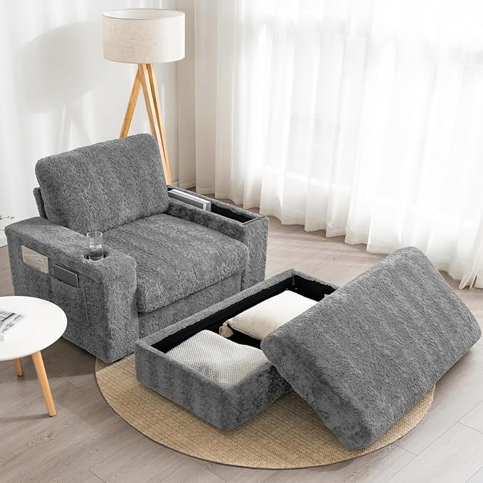 Merax Oversized Sleeper Chair with Storage Armrest & Ottoman, Cup Holders, Cloud Upholstered Chaise Lounge Recliner, Deep Seat Reading Couch Sofa Bed for Living Room Bedroom, Dark Grey