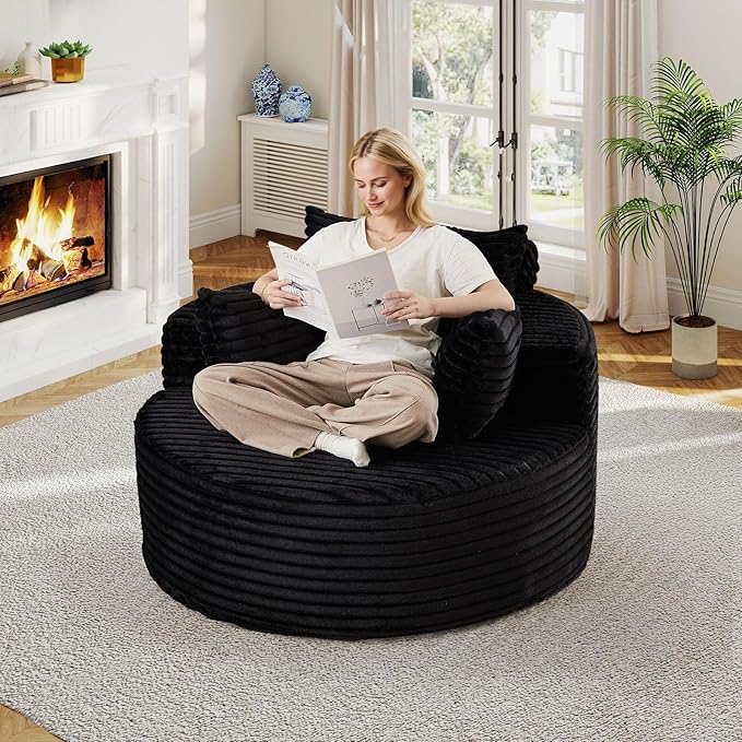 50"W Oversized Round Chaise Lounge Chair Indoor, Upholstered Corduroy Deep Seat Cloud Circle Sofa Chair, Modern Fluffy Comfy Floor Reading Armchair for Living Room, Bedroom, No Assembly Required,Black