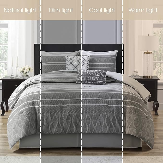 Grand Avenue Cotton California King Size Comforter Set, 6 Piece, Grey Geometric Jacquard Bedding Set, Bedskirt, Pillows & Shams, Home Decor