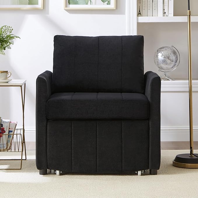 Merax 3-in-1 Convertible Sofa Bed Chair,Singe Pull Out Sleeper Couch with 5-Position Adjustable Backrest, Side Pockets and a Storage Basket, Fold Out Single Armchair, Black