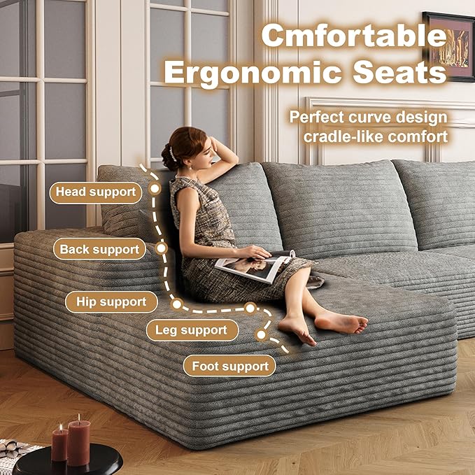 AUGOP 136" Sectional Couches for Living Room Modern Modular Sofa with L-Shape Couchs Upholstered Boneless Couch Deep Seat Sectional Couch with Chaise (Grey, Left Facing Chaise+3Seaters)