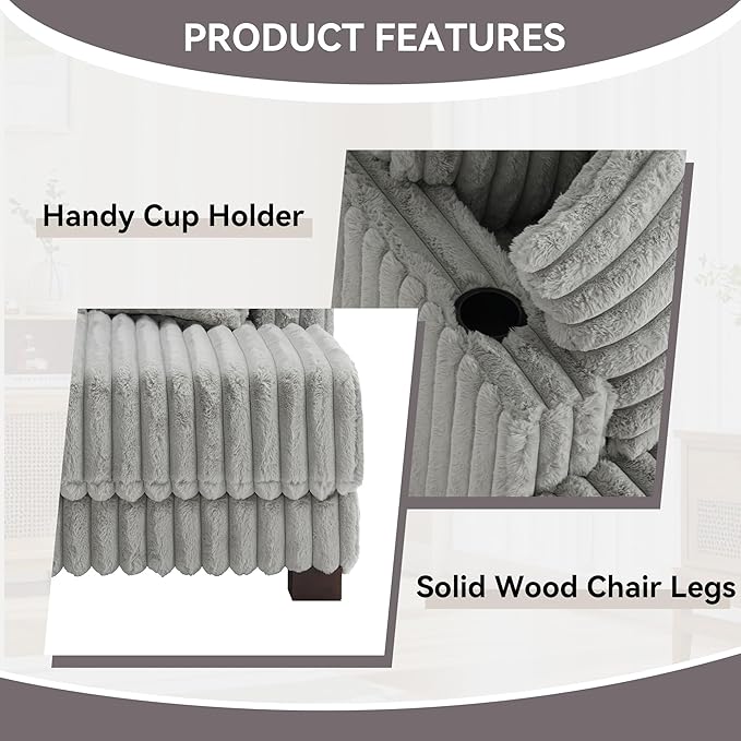 UIXE Chaise Lounge Chair Indoor, Oversized Sleeper Chair with 2 Cup Holders, Faux Fur Upholstered Sofa Bed Comfy Recliner Solid Wood Frame Reading Seat for Living Room, Bedroom - Light Gray