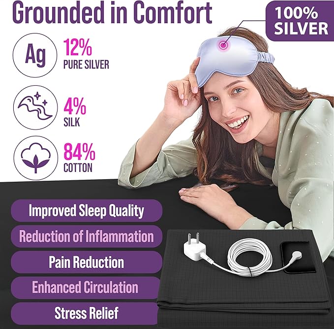 Earth Grounding Sheets Full Size with 12% Silver Fiber & 4% Silk & 84% Cotton - Black - SGS Quality Certified Grounded Well Bed Sheet - Conductive Fitted Sheet for Better Sleep