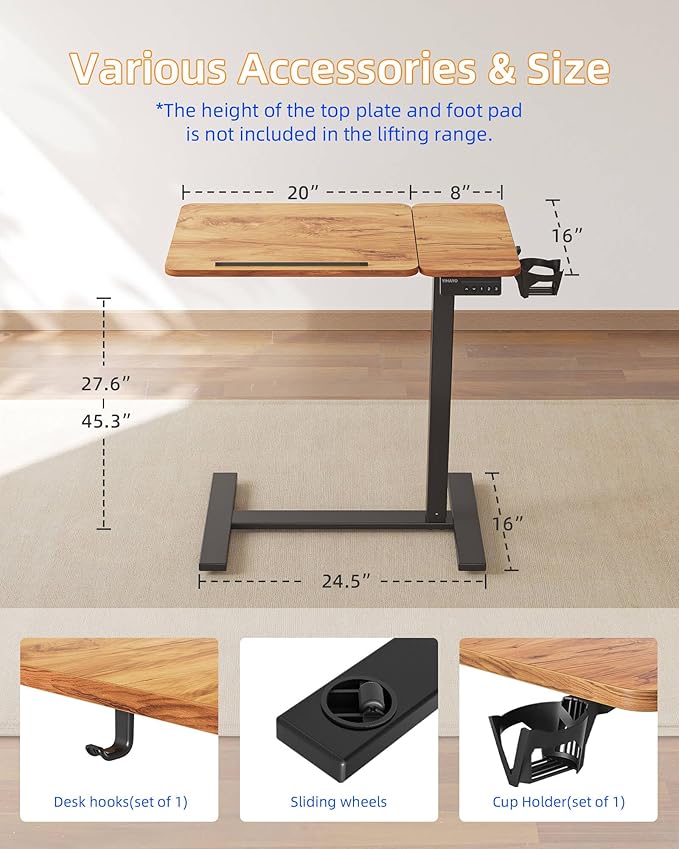 YIHAYO Adjustable Overbed Bedside Table with Wheels, 28 x 16 Inches Electric Mobile Standing Desk, Laptop Desk, Movable Overbed Tables Hospital Home Use, Rustic Brown