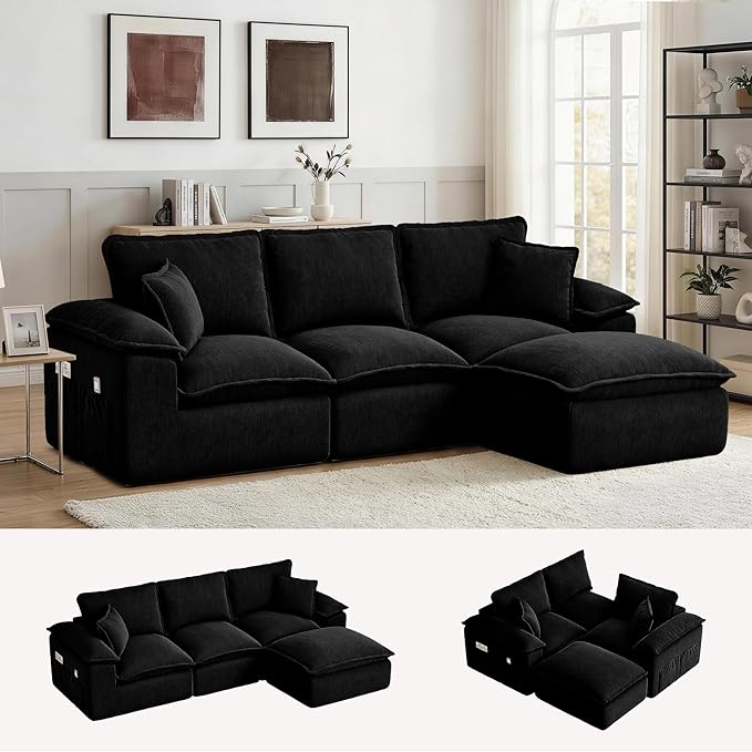 Korser 122" Sectional Couches for Living Room, Modular Boneless Sofa, Cloud Sofa, Fluffy Cushions, Double-Layer Cushioned, with Convertible Ottoman