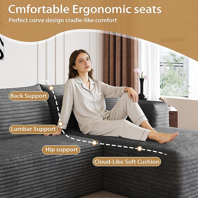 AUGOP 96" Sectional Couches for Living Room Modern Modular Sofa with L-Shape Couchs Upholstered Boneless Couch Deep Seat Sectional Couch with Chaise (Dark Grey, 96" Right Facing Chaise+2Seaters)