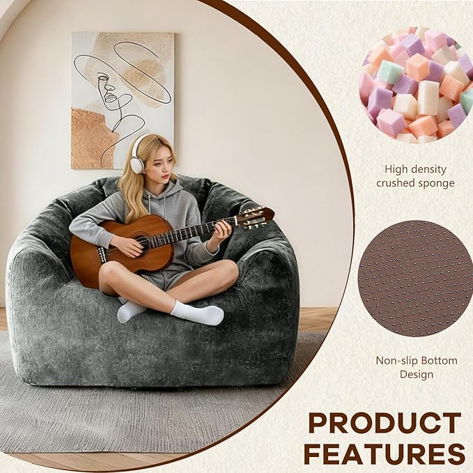 Giant Bean Bag Chair for Adults and Kids Oversized Faux Fur Shell-Shaped BonelessBeanBag Couch Filler with Memory FoamStuffed Big Accent Sofa for Living Room, Bedroom & Dorm (Dark Grey)