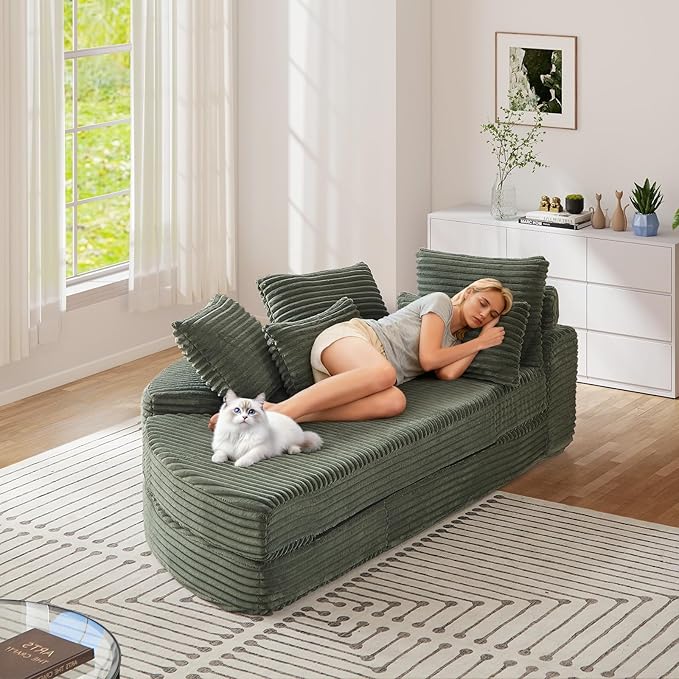 Antetek Chaise Lounge Chair Indoor, Convertible Folding Futon Sofa Bed w/ 5 Pillows, Fluffy Corduroy Boneless Compressed Memory Foam Couch for Living Room, Bedroom (Green, Left Half)