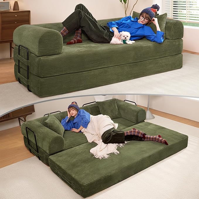 79" Convertible Sofa Bed, Boneless Corduroy Sleeper Foldable Modular Couch, Memory Foam Compressed Sofa in A Box,Folding Mattress Floor Couch for Small Space Living Room Apartment Bedroom,Light Green