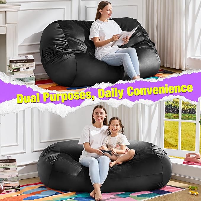 Hobestluk 4FT Bean Bag Chair Large Beanbag with Removable Cover Adult Bean Bag Chair with Portable Handle Desgin for Living Room Bedroom (Black, 4FT)
