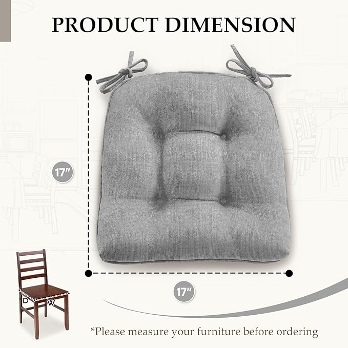 HARBOREST Chair Cushions for Dining Chairs Set of 6 - Chenille Tufted Kitchen Chair Cushions with Ties and Non-Slip Bottom, Foam Chair Pads for Dining Chairs, 17" x 17", Light Grey