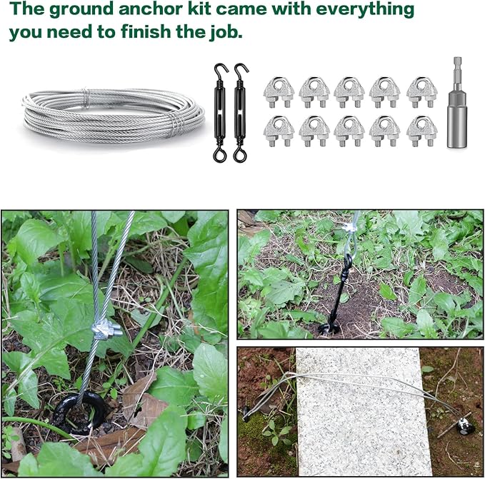 6 Pack 18" Ground Anchors Shed Anchor Kit with 1/8" Galvanized Cable & Turnbuckles, Heavy Duty Earth Anchors for Sheds Canopy Gazebo Dog Runs Carport Tent