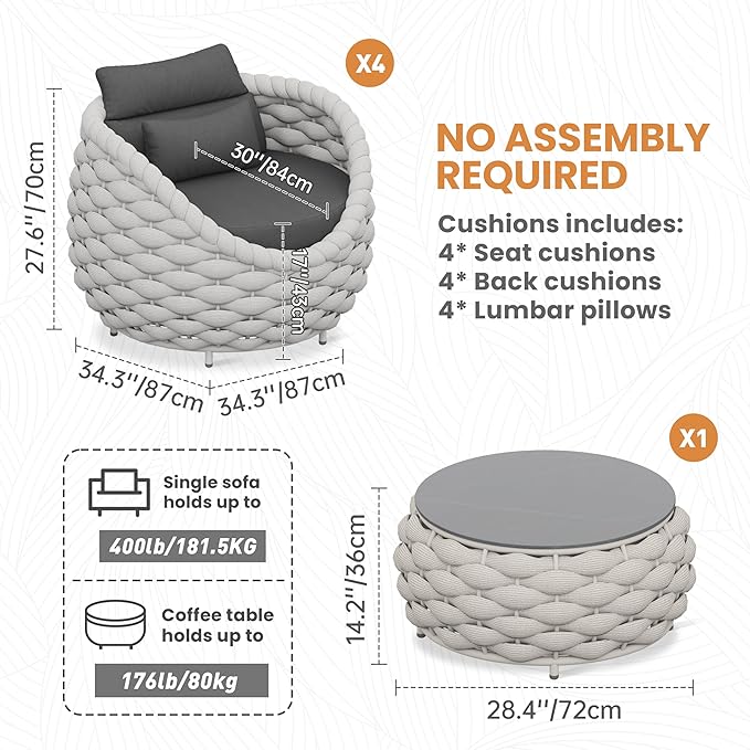 Erotr Front Porch Furniture 5 Piece Set: Aluminum Woven Rope Patio Conversation Sofa Set - Assembled Accent Chair Modern - Cushioned Armchair Couch Set for 400 lbs Deck Backyard Poolside Garden Hotel