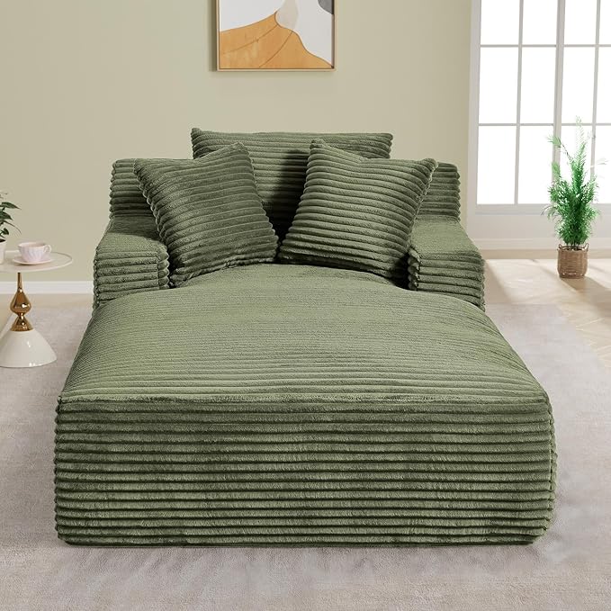 50"W x 76"D Oversized Chaise Lounge Chair Indoor Boneless Reading Chair Plush Corduroy Recliner Large Deep Seat Upholstered Sleeper Comfy Sofa Bed Couch with 3 Pillows for Living Room Bedroom, Green